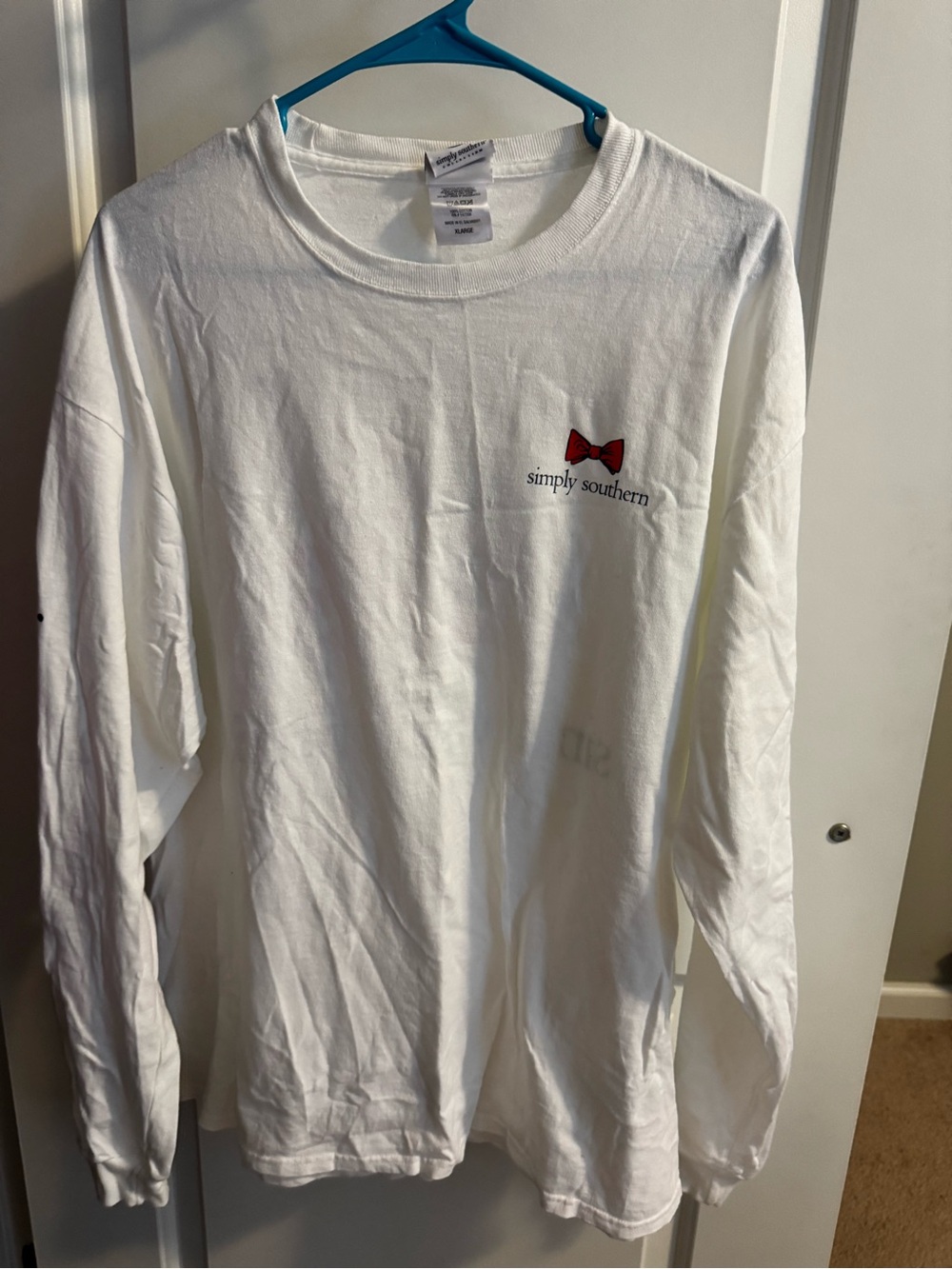 Simply Southern White Long Sleeve Tee with Small Red Bow Logo